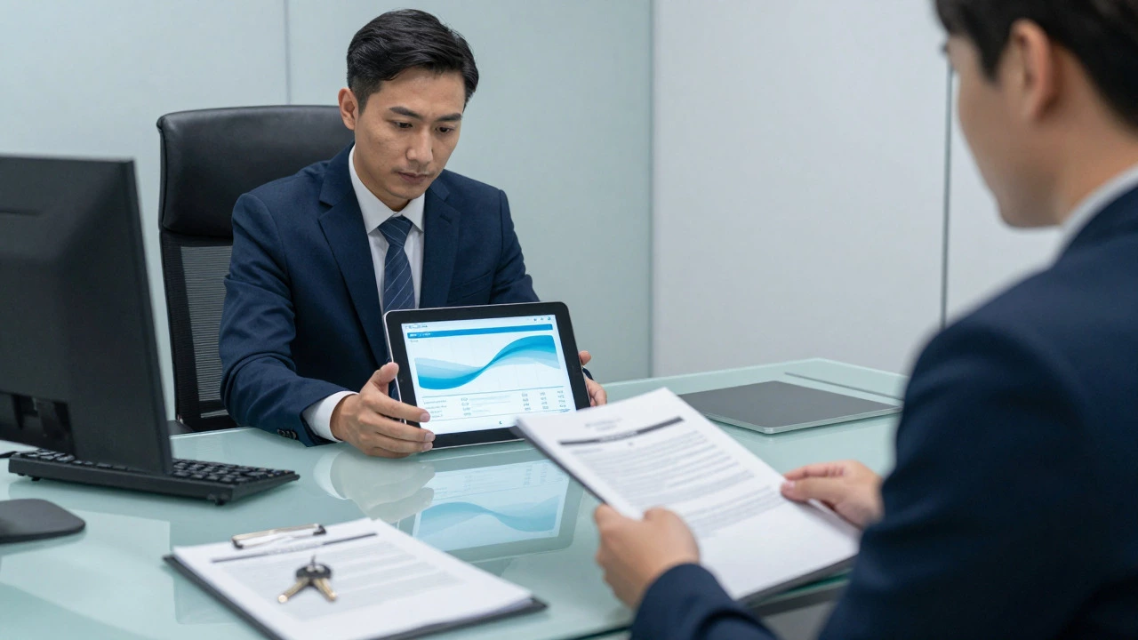 Tenant meeting with property manager in an office to discuss lease terms.