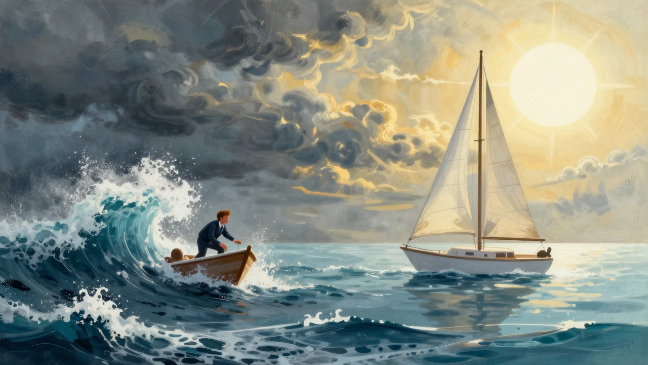 Artistic split view of stormy and calm seas symbolizing income volatility