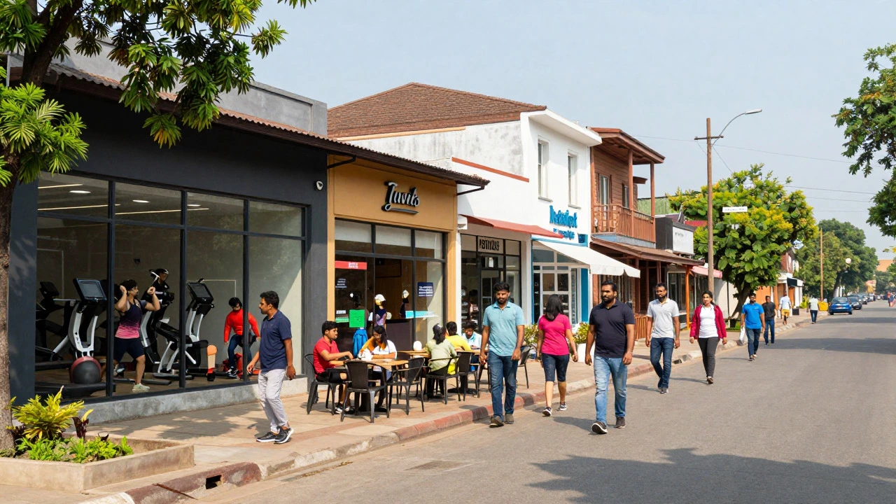 Busy suburban retail street with cafes and gyms