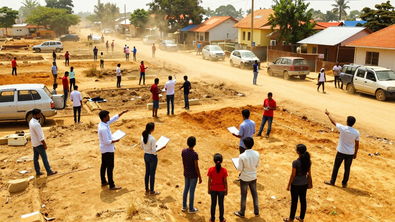 Busy summer scene with families and agents inspecting land plots under bright sun