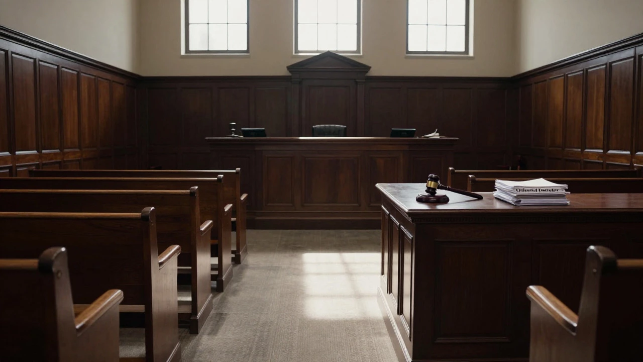 Empty courtroom interior with judge's bench and gavel