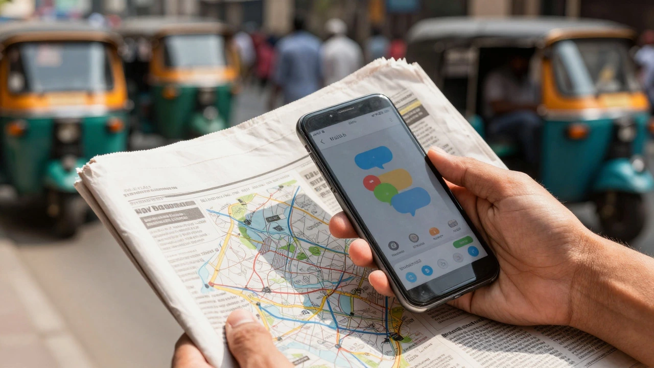 Hands comparing smartphone social media feed with local newspaper
