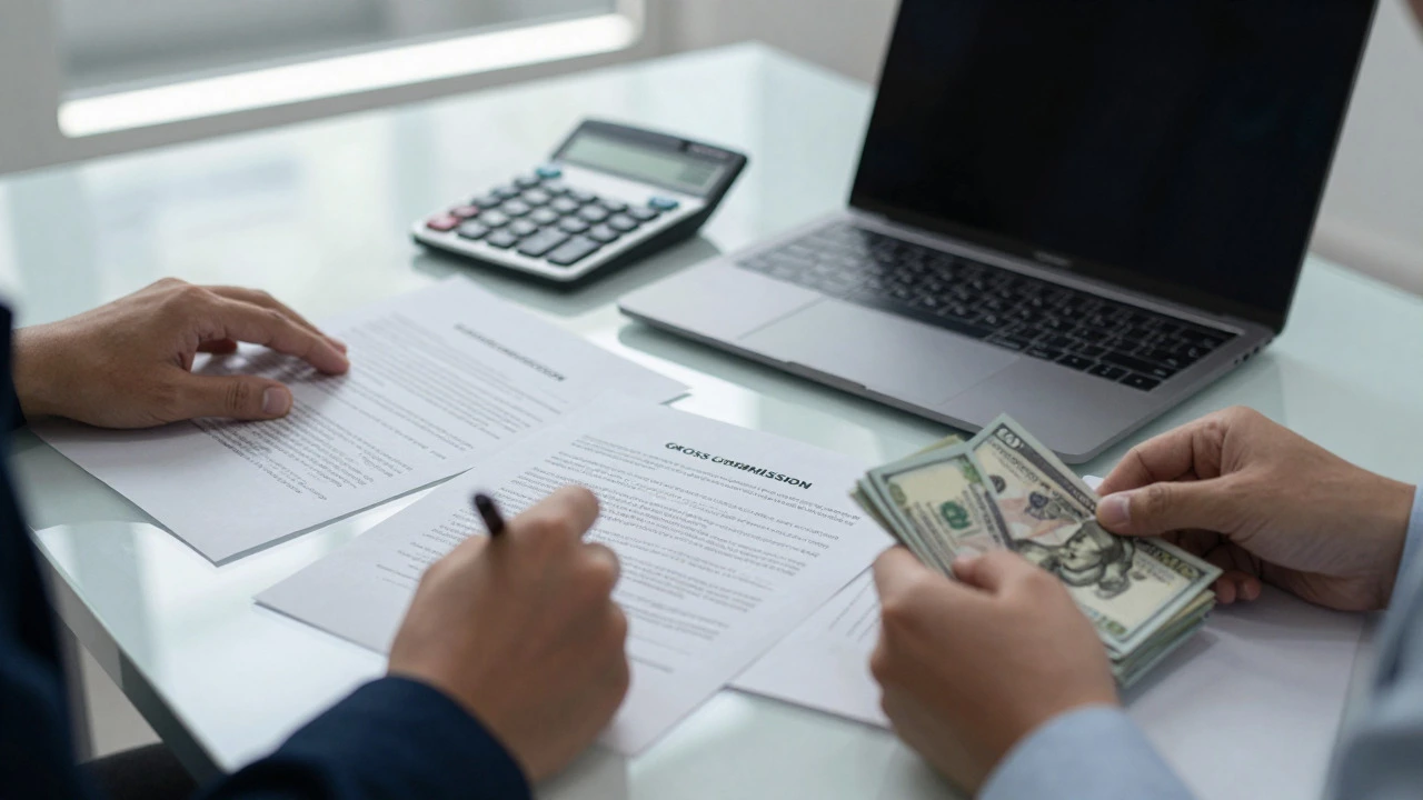 Hands organizing financial documents and cash on a cluttered office desk