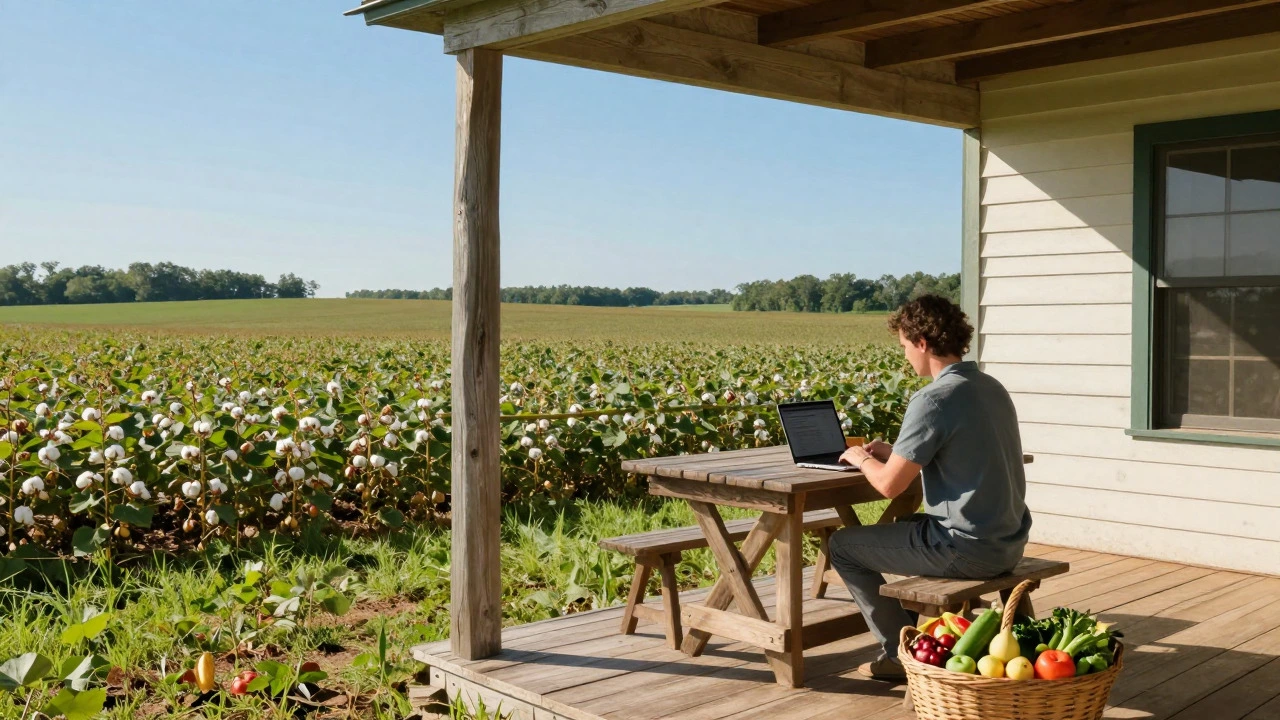 Remote worker on porch with laptop overlooking green agricultural fields