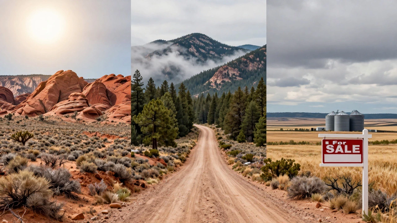 Split view of diverse US landscapes including desert, mountains, and farmland for land buyers.