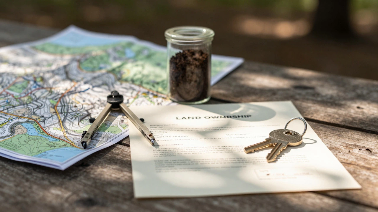 Topographic map, compass, and soil sample on a table representing land due diligence.