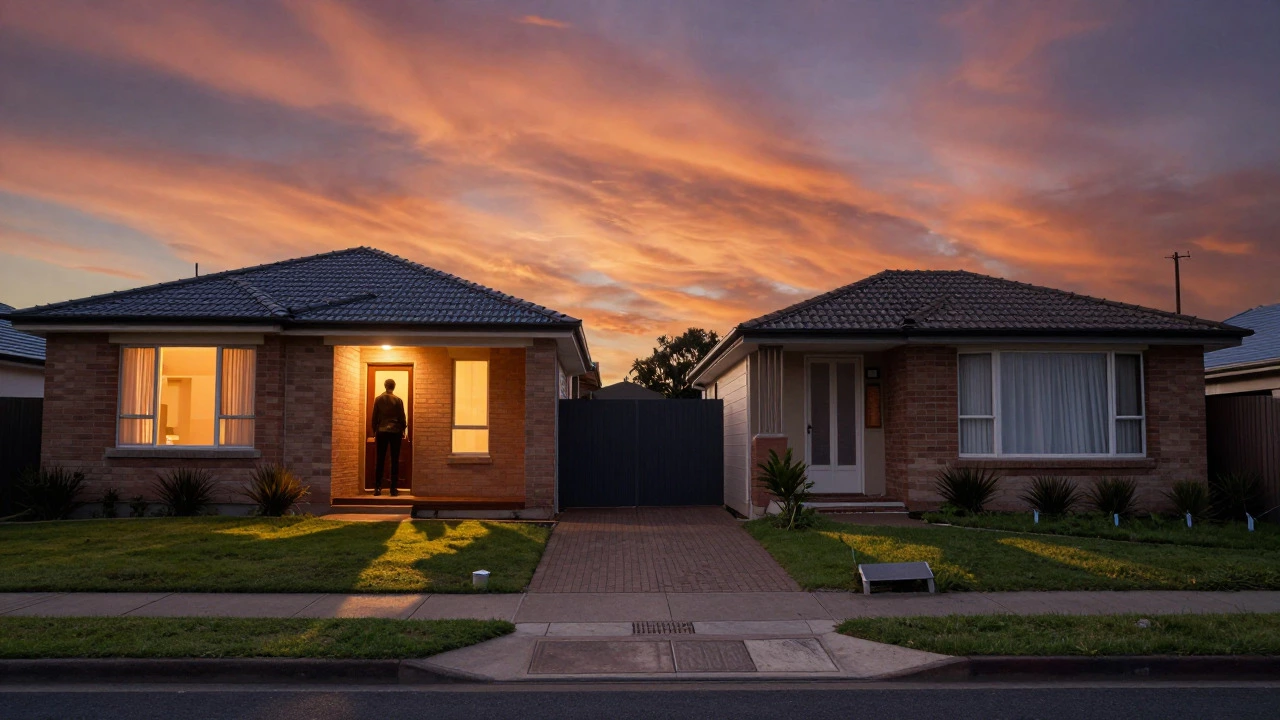Two suburban houses at dusk representing different mortgage outcomes