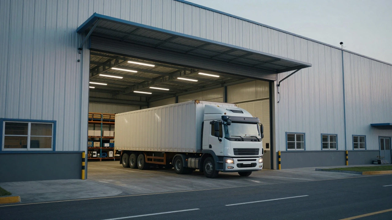 Warehouse with truck at loading dock near highway