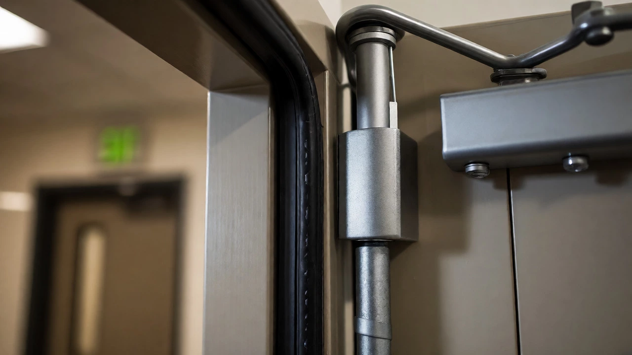Close-up of apartment door closer and fire seal mechanism