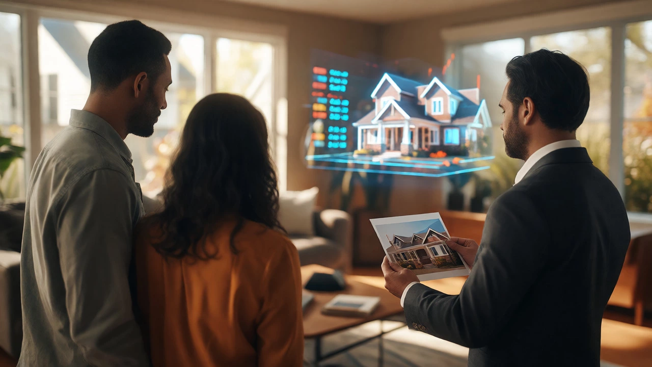 Couple reviewing home details with agent while abstract algorithmic values float in background