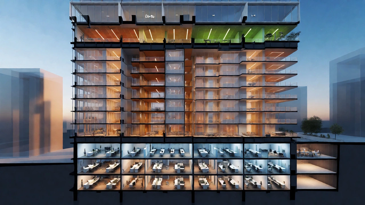 Cross-section of mixed-use tower showing office, residential, and amenity levels