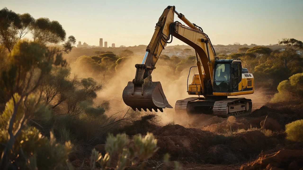 Excavator clearing scrub brush on rural land at golden hour