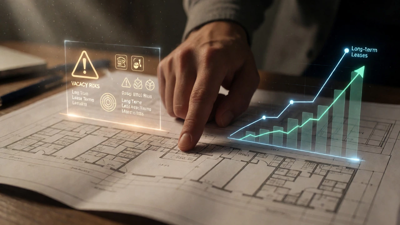 Hand reviewing blueprints with digital risk analysis overlays