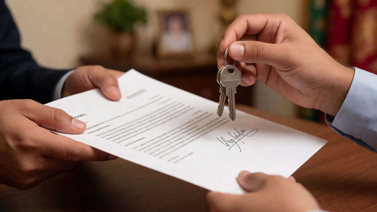 Hands signing a rental payment plan document and exchanging keys