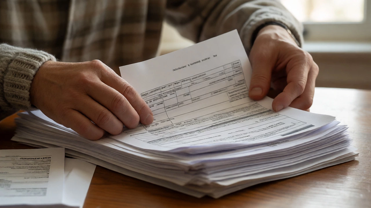 Hands sorting financial documents for housing application