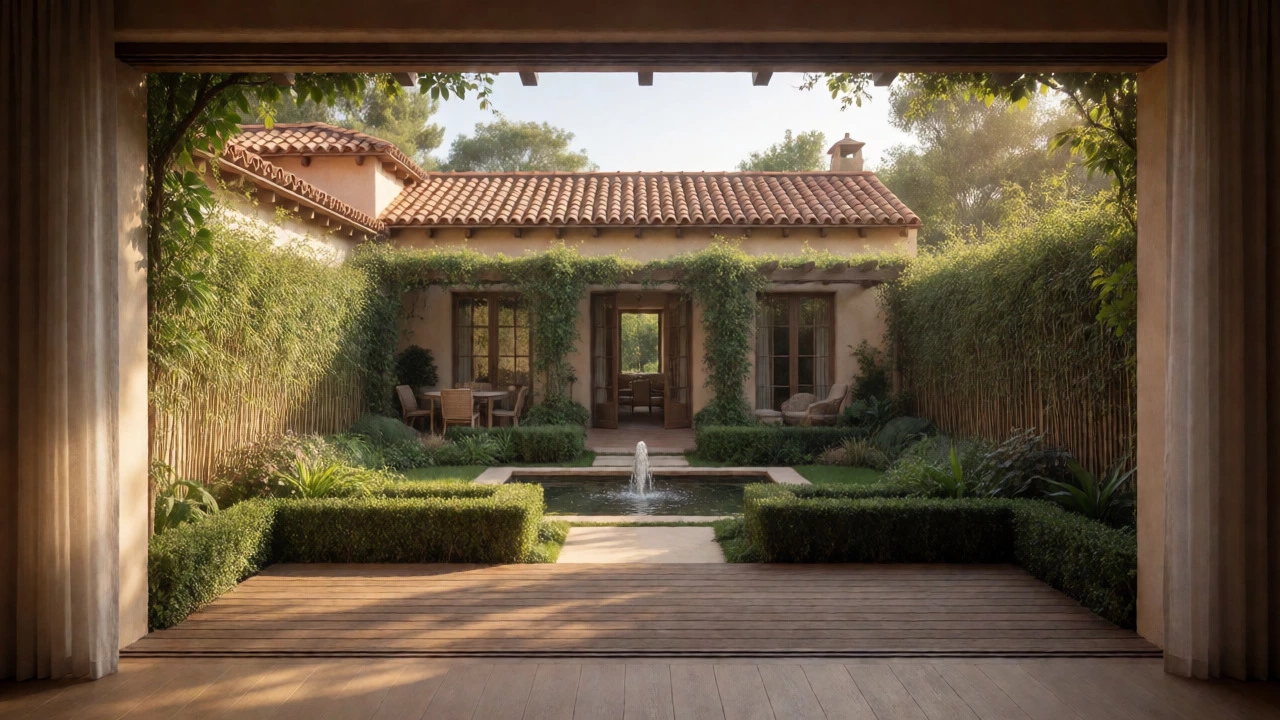 Mediterranean villa courtyard with terracotta roof, fountain, and private landscaped garden