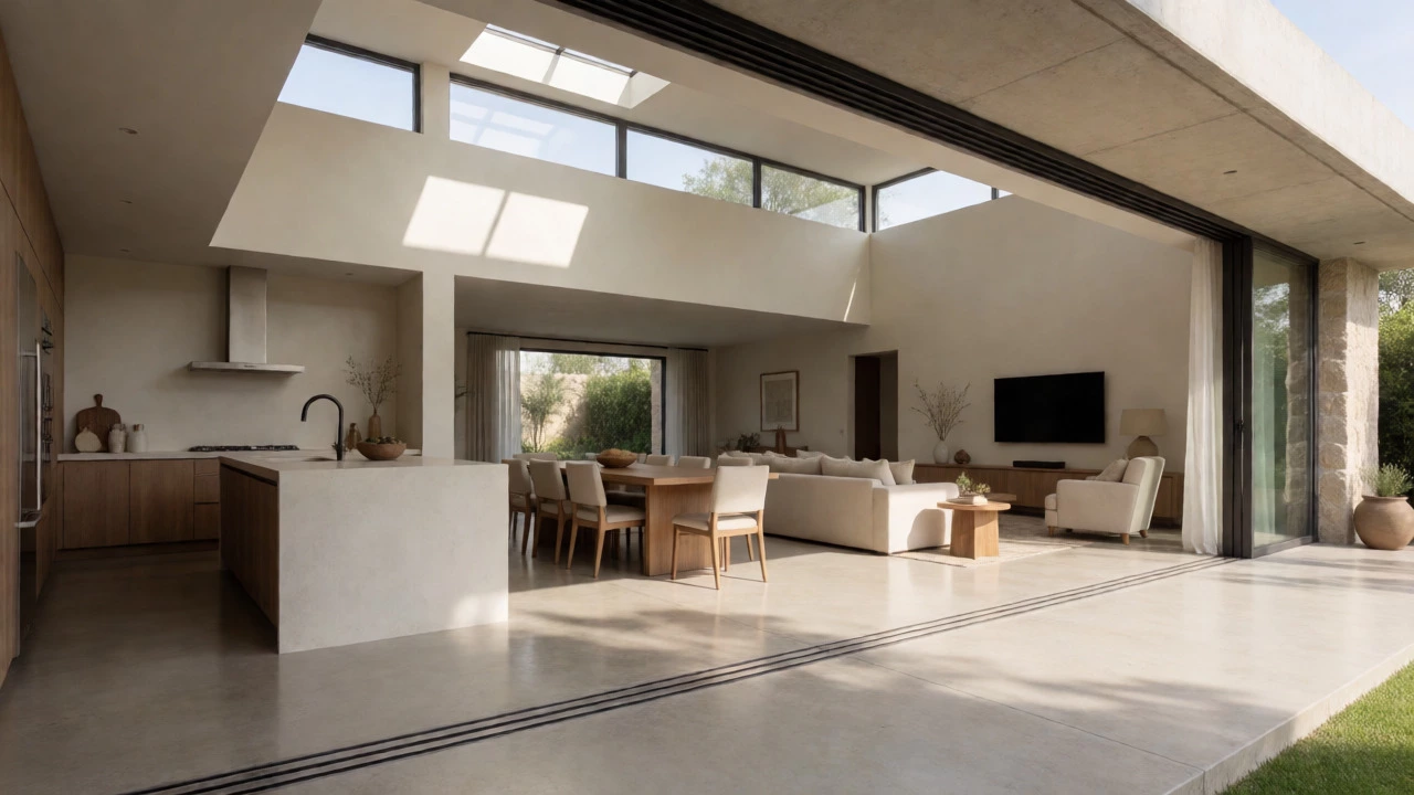 Open-plan villa interior with high ceilings, skylights, and seamless indoor-outdoor flow