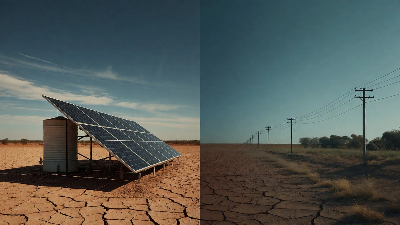 Solar panels on dry outback land versus distant power lines