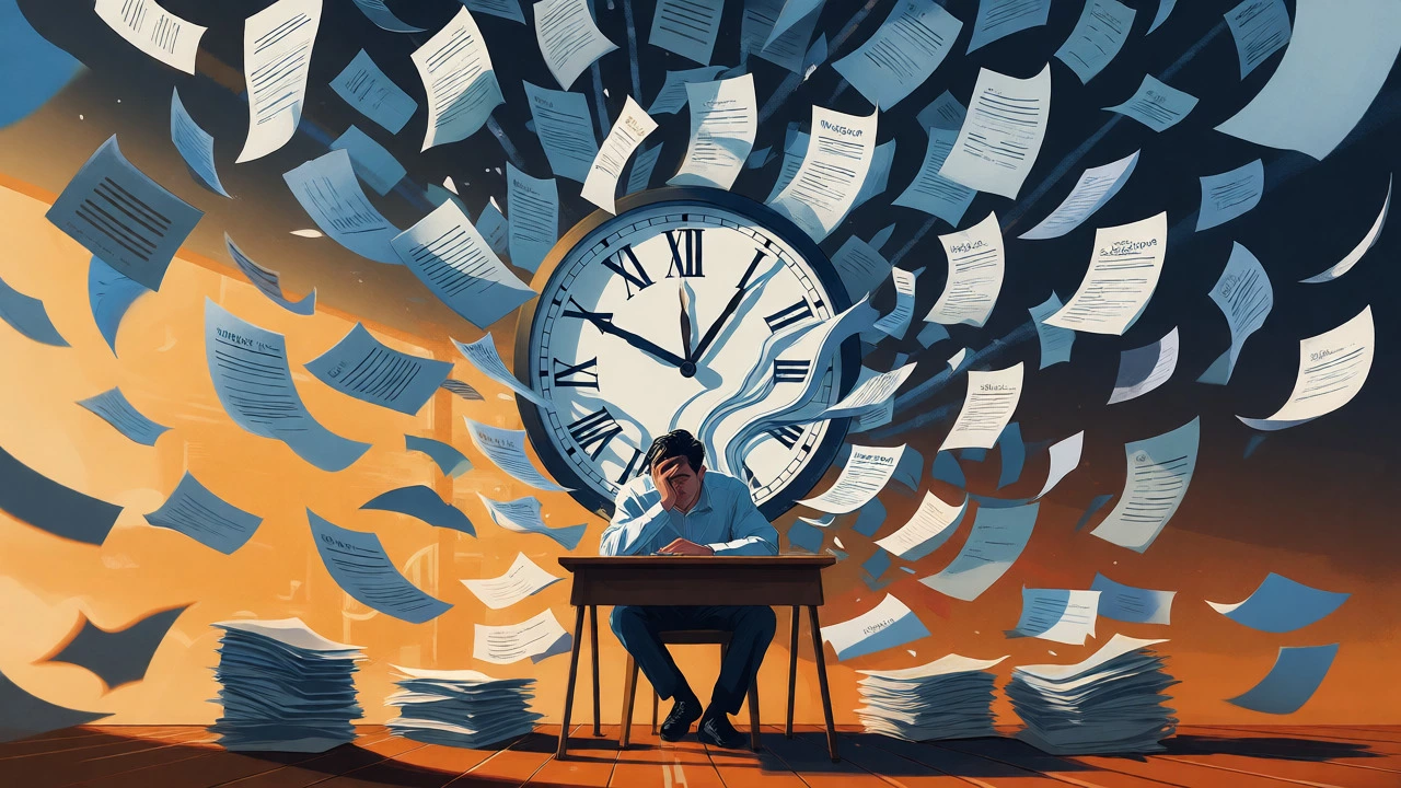 Stressed applicant surrounded by swirling paperwork and a distorted clock