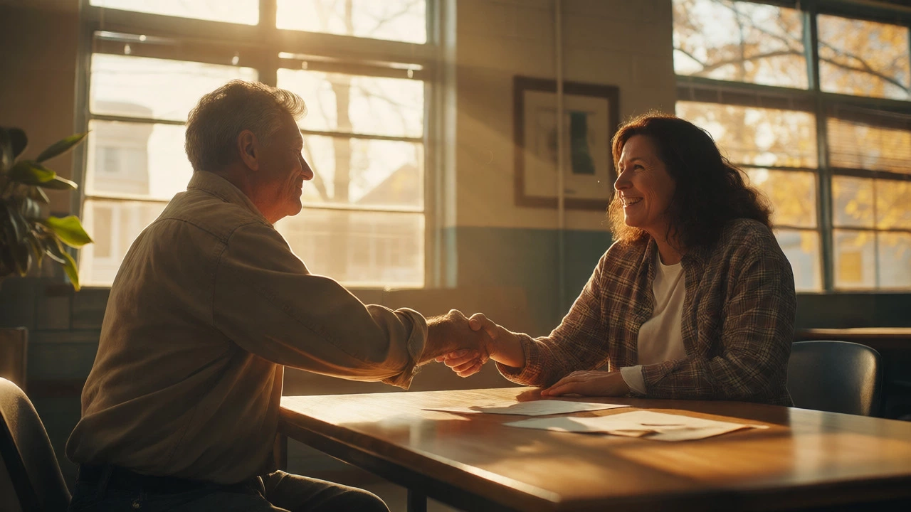 Tenant shaking hands with caseworker in a sunlit office
