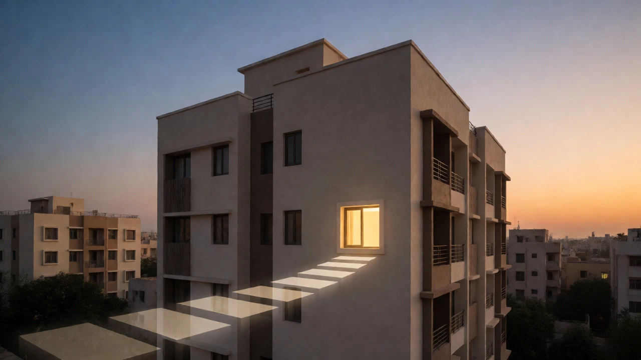 Warmly lit apartment window with a symbolic path to financial stability
