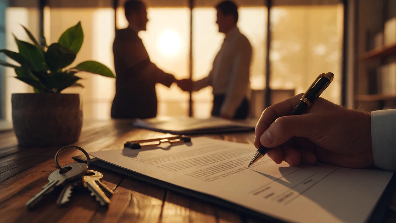 Hand signing a lease with office keys nearby, symbolizing a successful deal secured by a tenant rep.