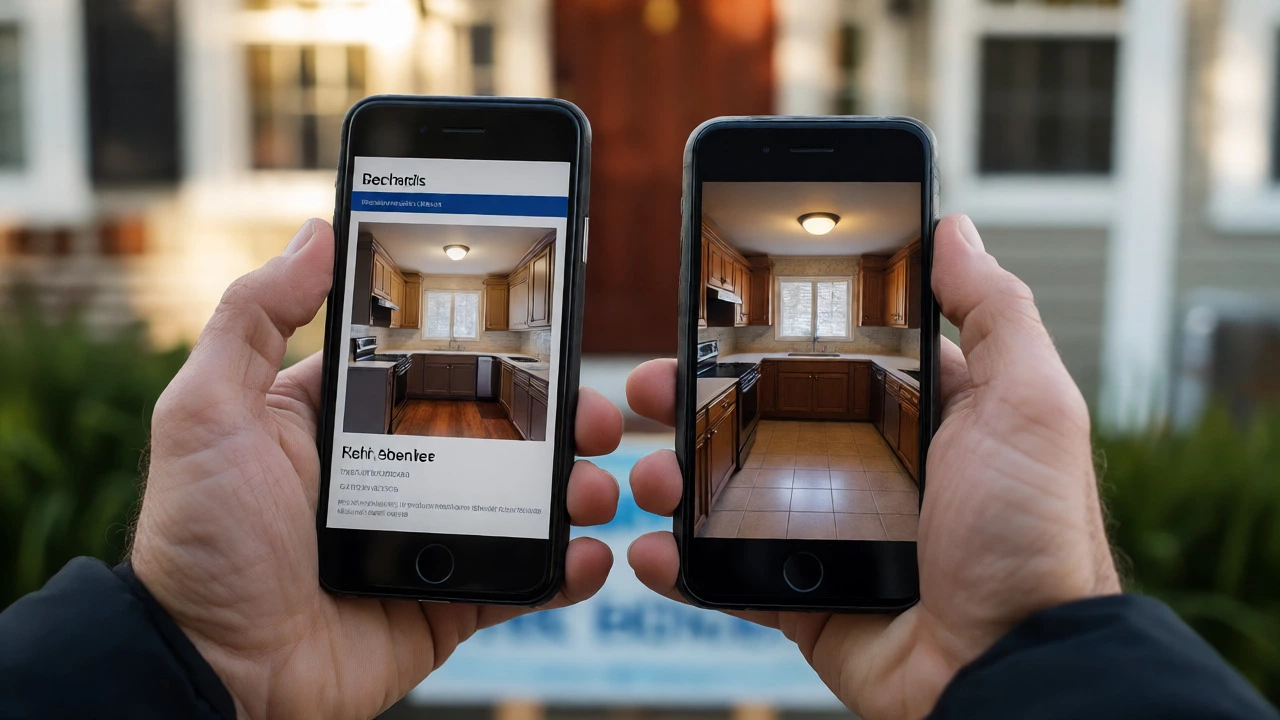 Hands comparing two phone screens displaying different photos of the same house