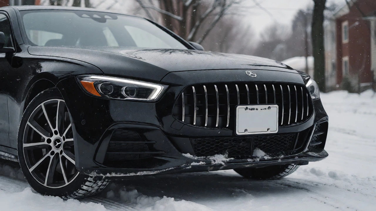Luxury car with flush-mounted front license plate in snowy conditions.