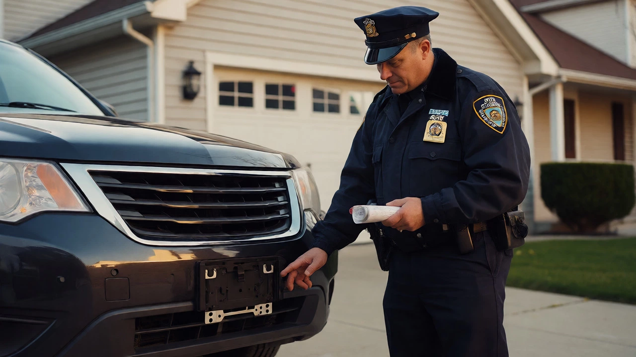 Police officer inspecting a car with a missing front license plate.